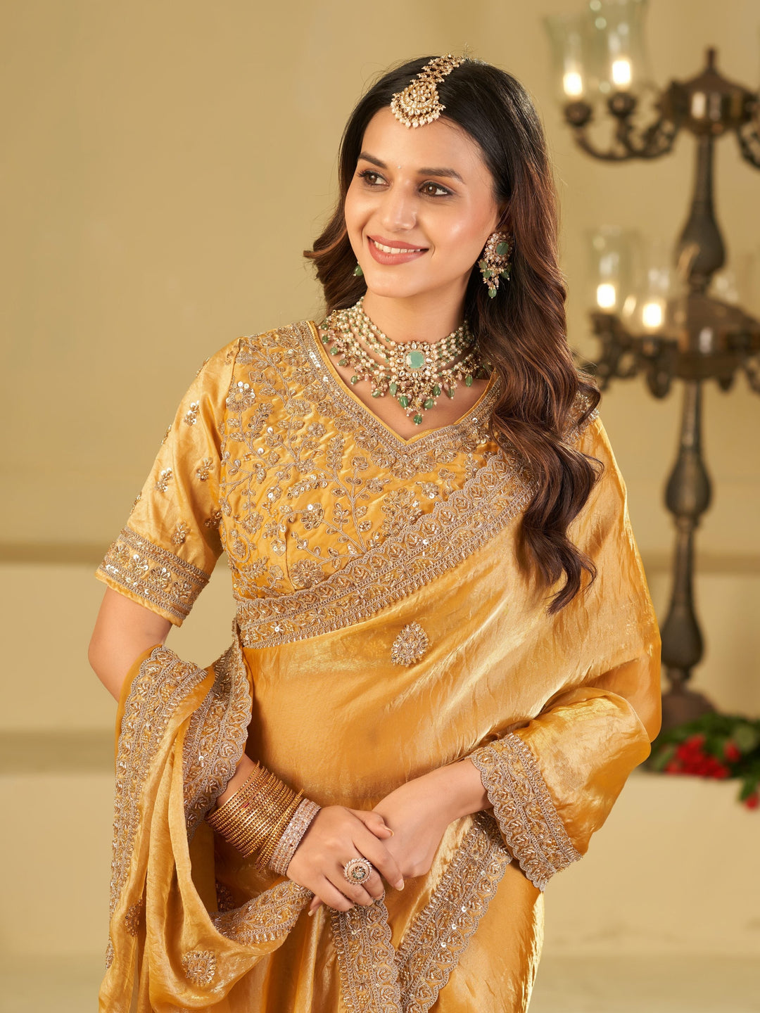 Mustard Yellow Designer Fendy Satin Saree with Heavy Embroidered Blouse & Sequin Border | Premium Festive Wedding Wear Saree
