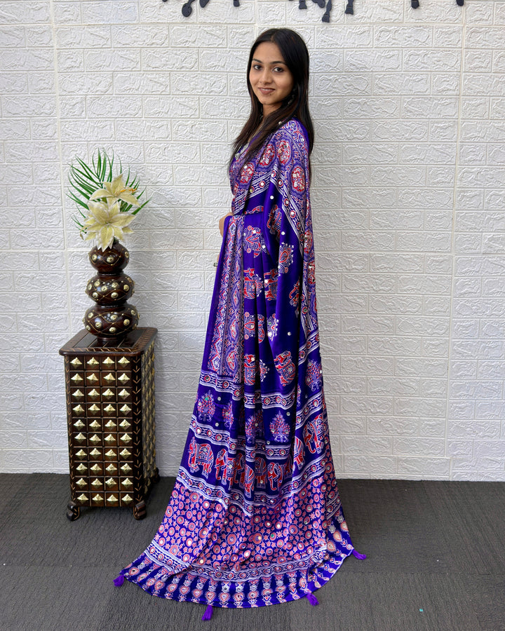 Royal Purple Modal Silk Ajrakh Print Saree with Elephant Motifs, Designer Pallu & Tassels | Festive & Ethnic Wear Saree