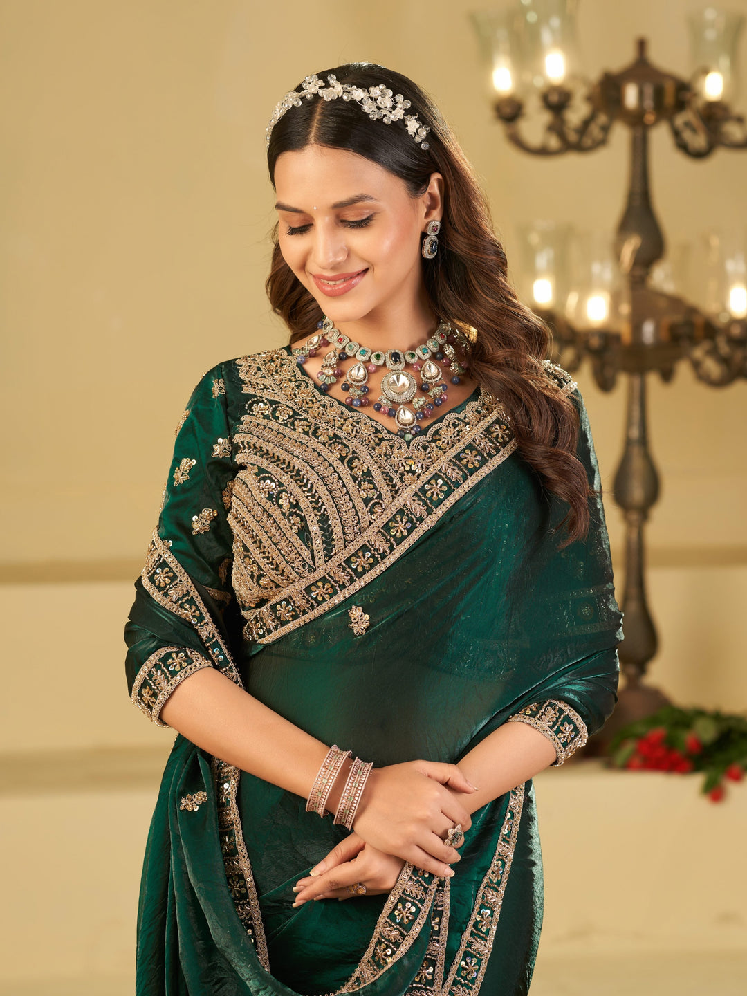 Emerald Green Designer Fendy Satin Saree with Heavy Embroidered Blouse & Sequin Border | Premium Wedding & Festive Wear Saree