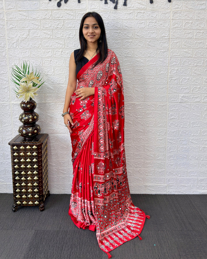 Rust Red Modal Silk Saree with Elephant Motif Ajrakh Print & Designer Pallu | Traditional Ethnic Festive Wear Saree