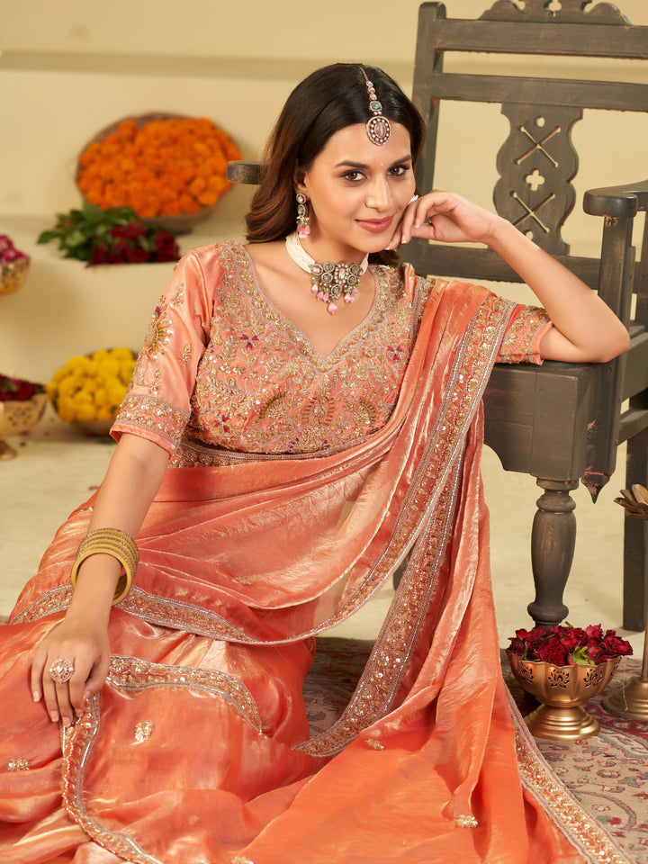 Peach Designer Fendy Satin Saree with Heavy Embroidered Blouse & Stone Work Border | Premium Wedding Party Wear Saree