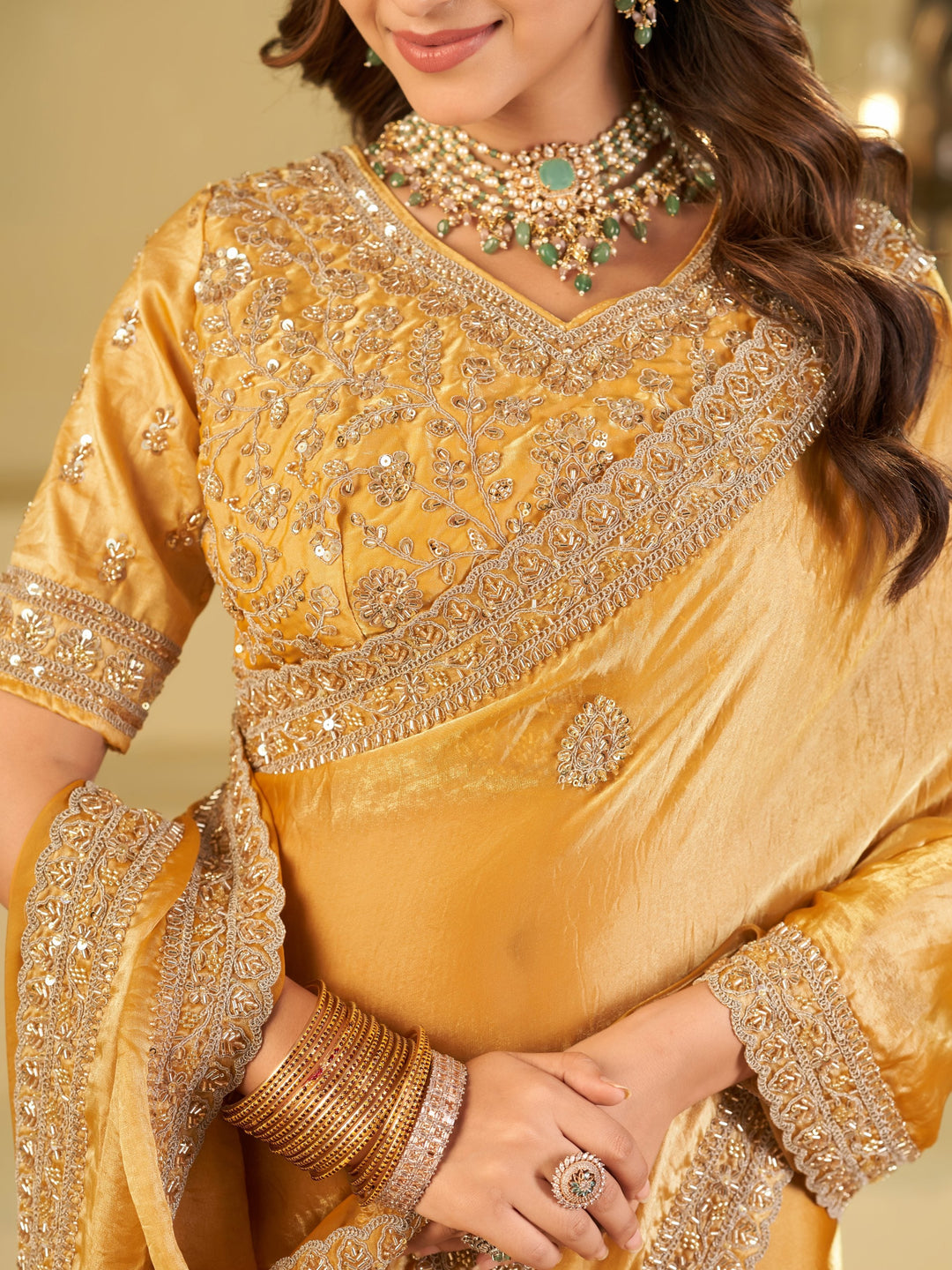 Mustard Yellow Designer Fendy Satin Saree with Heavy Embroidered Blouse & Sequin Border | Premium Festive Wedding Wear Saree
