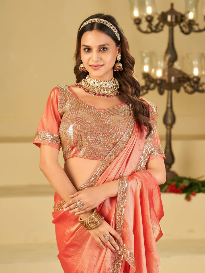 Peach Dual Tone Designer Fendy Satin Saree with Heavy Embroidered Blouse & Sequin Border | Premium Wedding Party Wear Saree