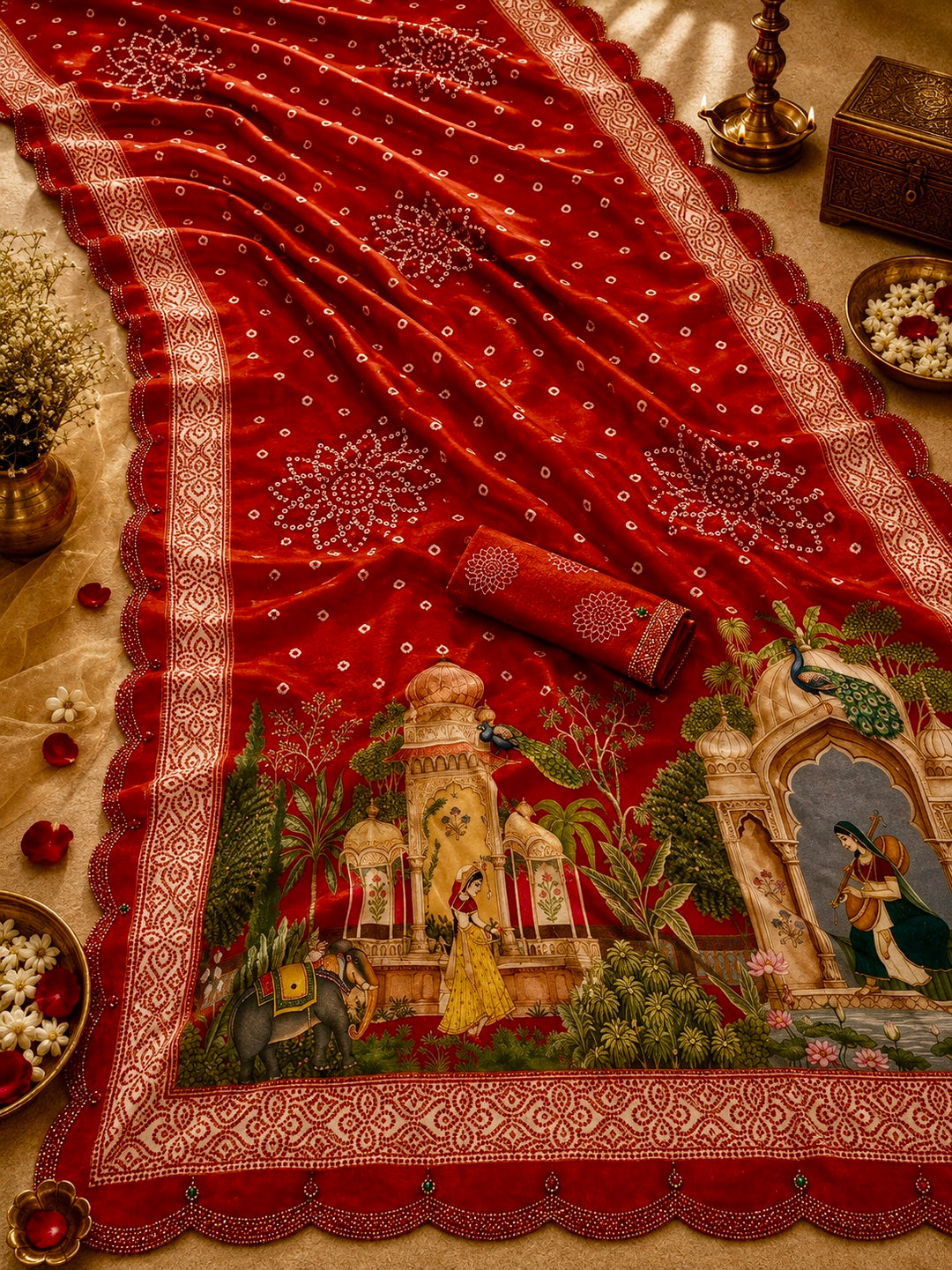 Royal Red Modal Silk Bandhani Print Saree with Heritage Pallu, Swarovski Scalloped Border & Blouse Piece