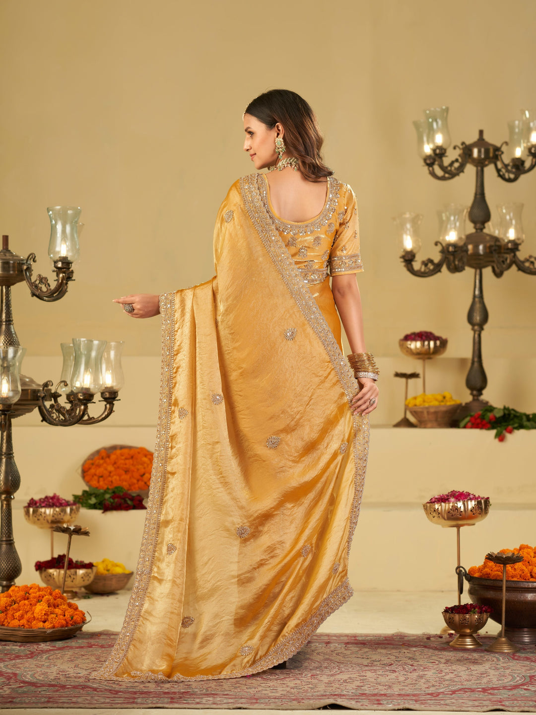 Mustard Yellow Designer Fendy Satin Saree with Heavy Embroidered Blouse & Sequin Border | Premium Festive Wedding Wear Saree