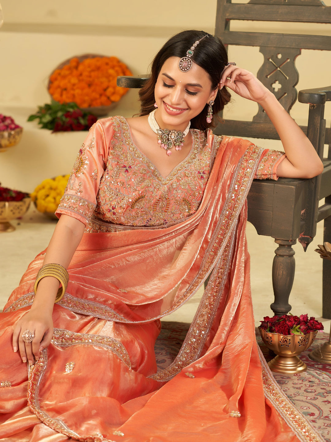 Peach Designer Fendy Satin Saree with Heavy Embroidered Blouse & Stone Work Border | Premium Wedding Party Wear Saree