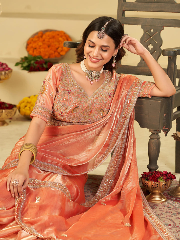 Peach Designer Fendy Satin Saree with Heavy Embroidered Blouse & Stone Work Border | Premium Wedding Party Wear Saree