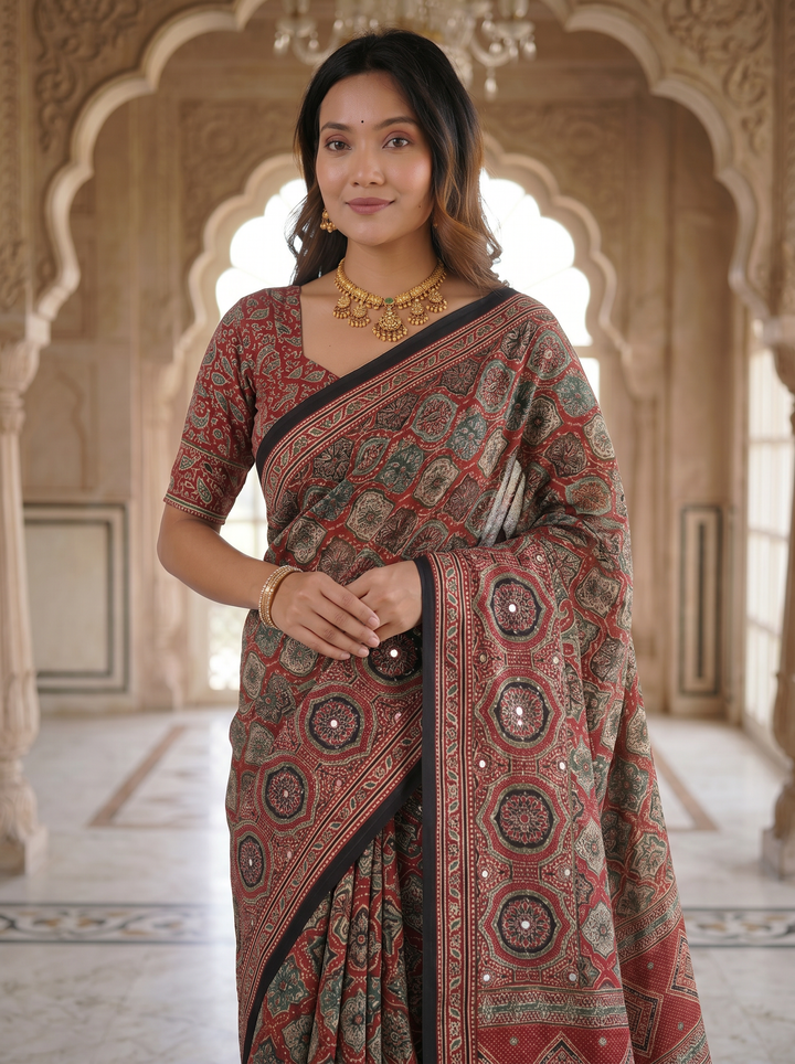 Vintage Rose Pure Modal Silk Saree with Intricate Heritage Mandala Print & Designer Ethnic Pallu