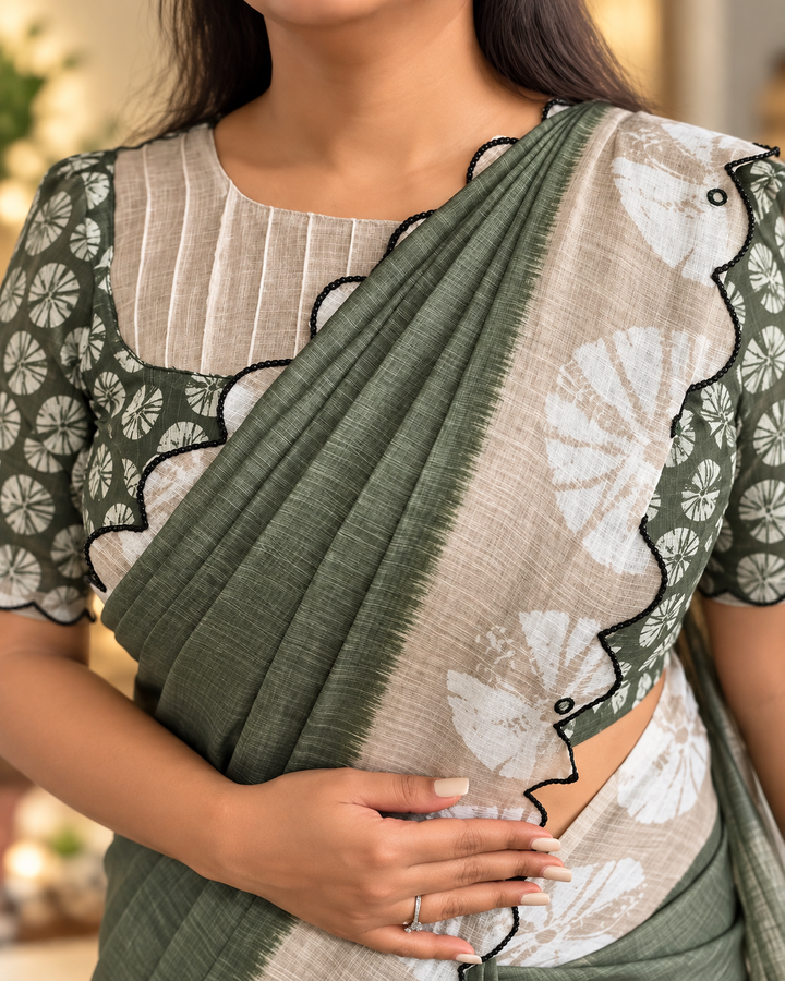 Olive Green & Beige Mul Cotton Saree with Floral Print, Mirror Work & Arco Scalloped Border