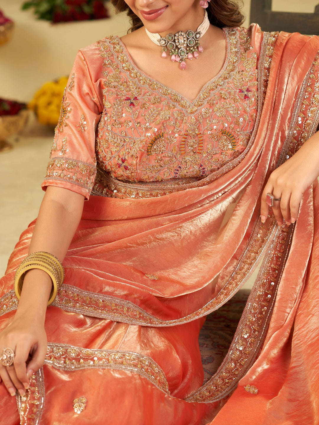 Peach Designer Fendy Satin Saree with Heavy Embroidered Blouse & Stone Work Border | Premium Wedding Party Wear Saree