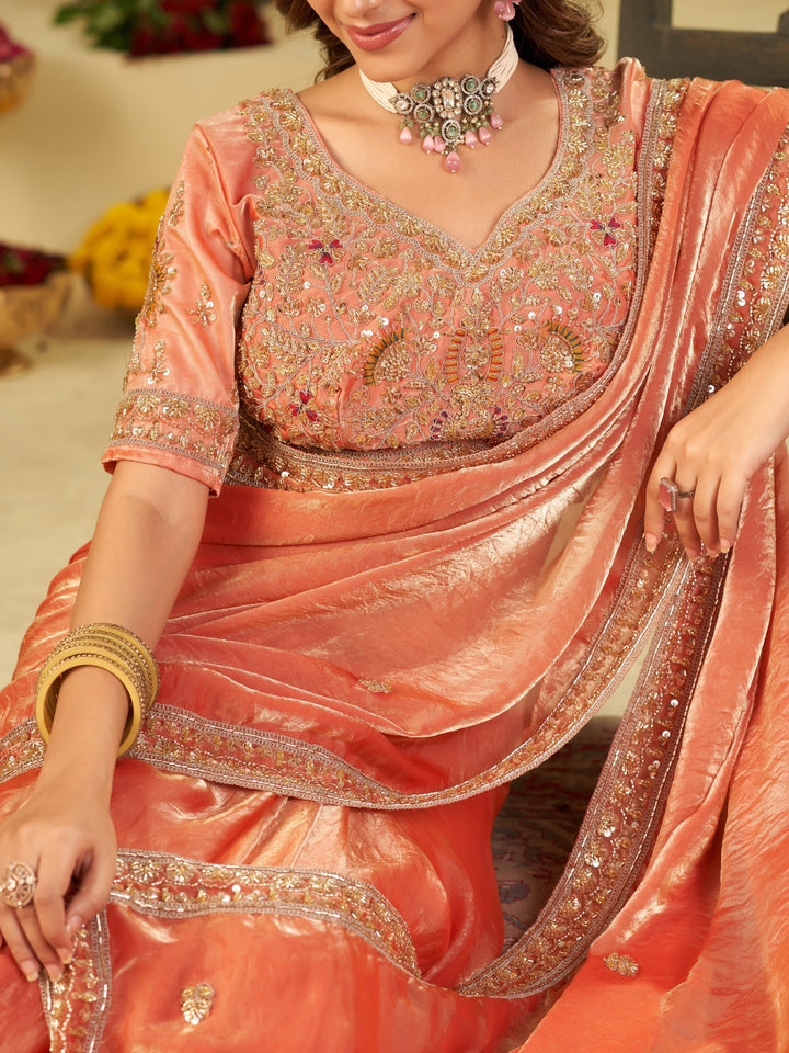 Peach Designer Fendy Satin Saree with Heavy Embroidered Blouse & Stone Work Border | Premium Wedding Party Wear Saree