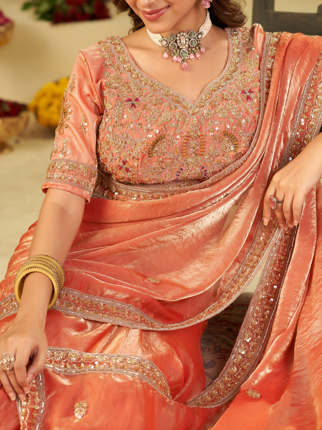 Peach Designer Fendy Satin Saree with Heavy Embroidered Blouse & Stone Work Border | Premium Wedding Party Wear Saree