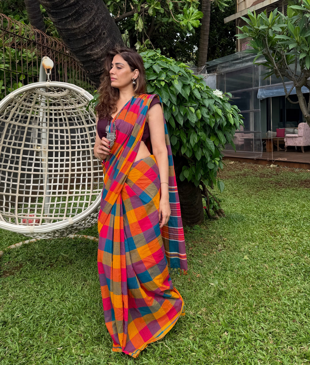 Vibrant Multicolour Madras Checkered Mul Cotton Saree with Tassels & Attached Blouse Piece