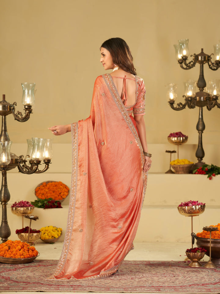 Peach Designer Fendy Satin Saree with Heavy Embroidered Blouse & Stone Work Border | Premium Wedding Party Wear Saree
