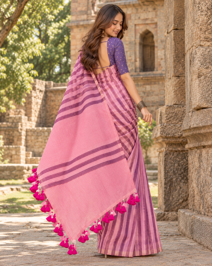 Handloom Erode Shimmer Pink & Purple Striped Saree with Contrast Pallu & Tassels