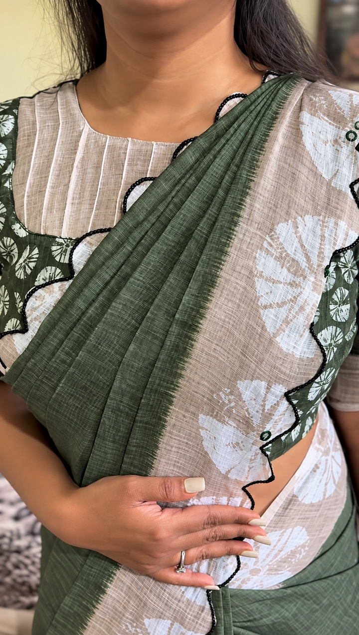 Olive Green & Beige Mul Cotton Saree with Floral Print, Mirror Work & Arco Scalloped Border