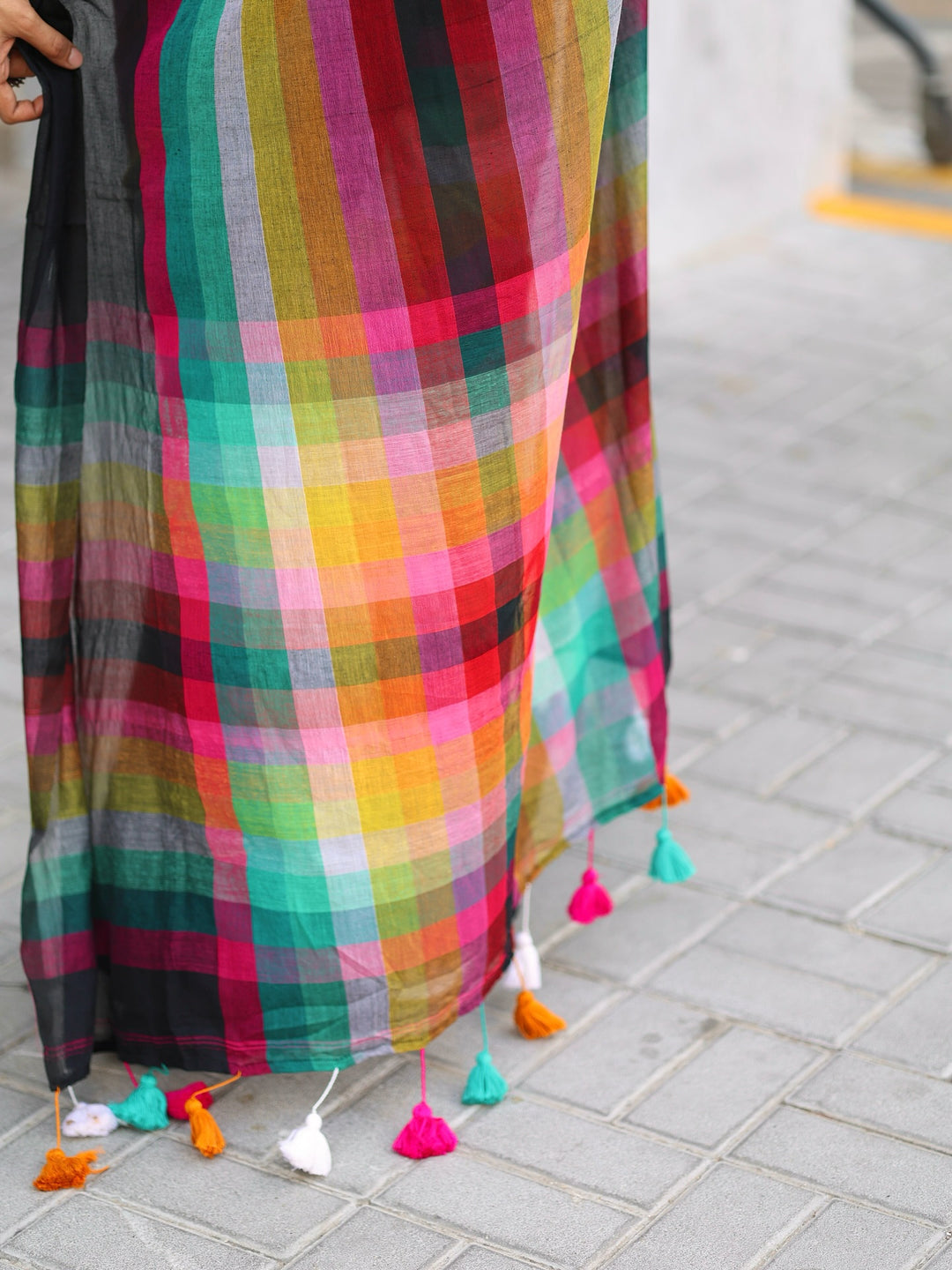 Black Mul Cotton Saree with Multicolour Striped Checkered Pallu, Tassel Edges & Attached Blouse Piece