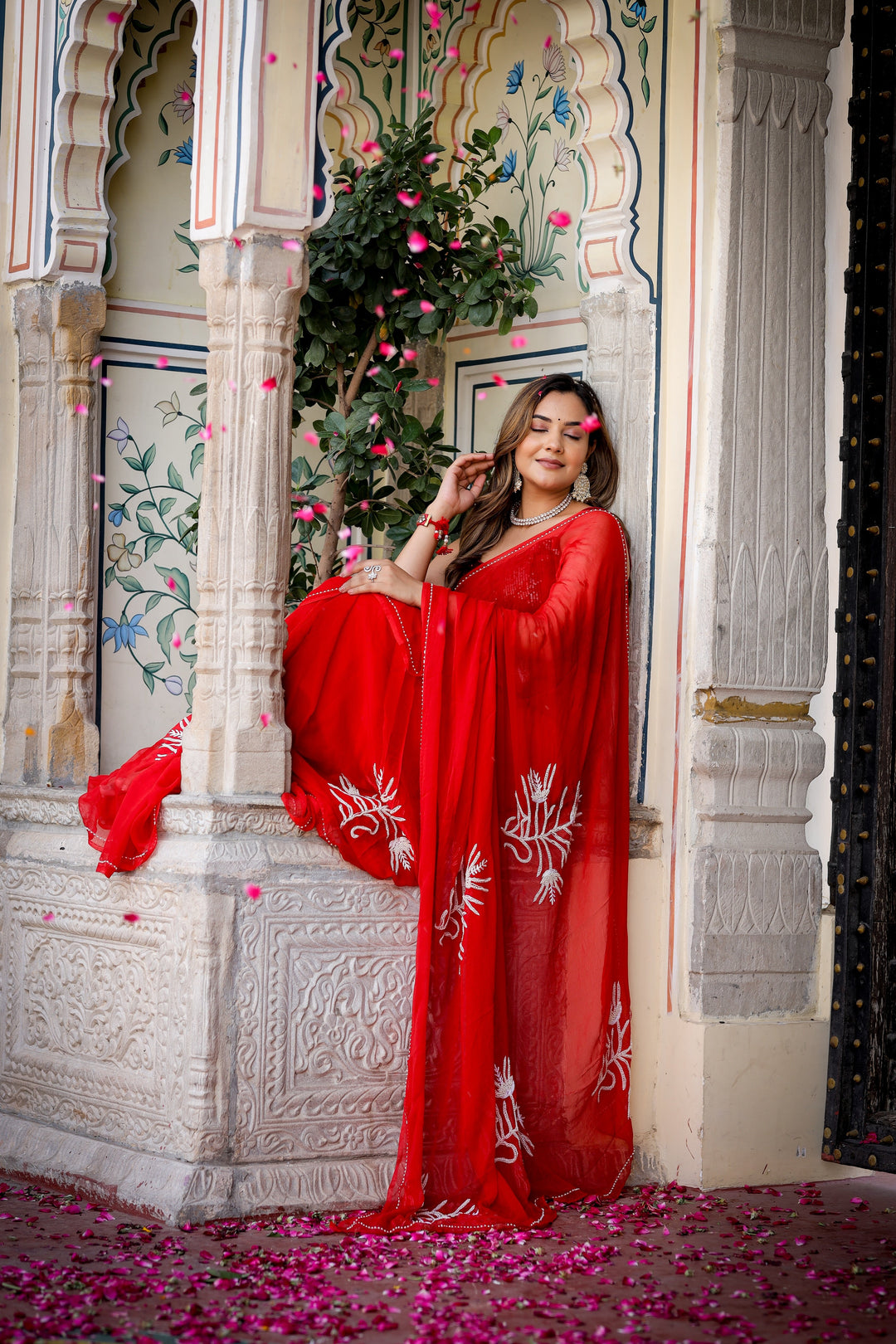 Vibrant Red Chiffon Saree with Pink Floral Print | Lightweight Designer Saree with Blouse Piece