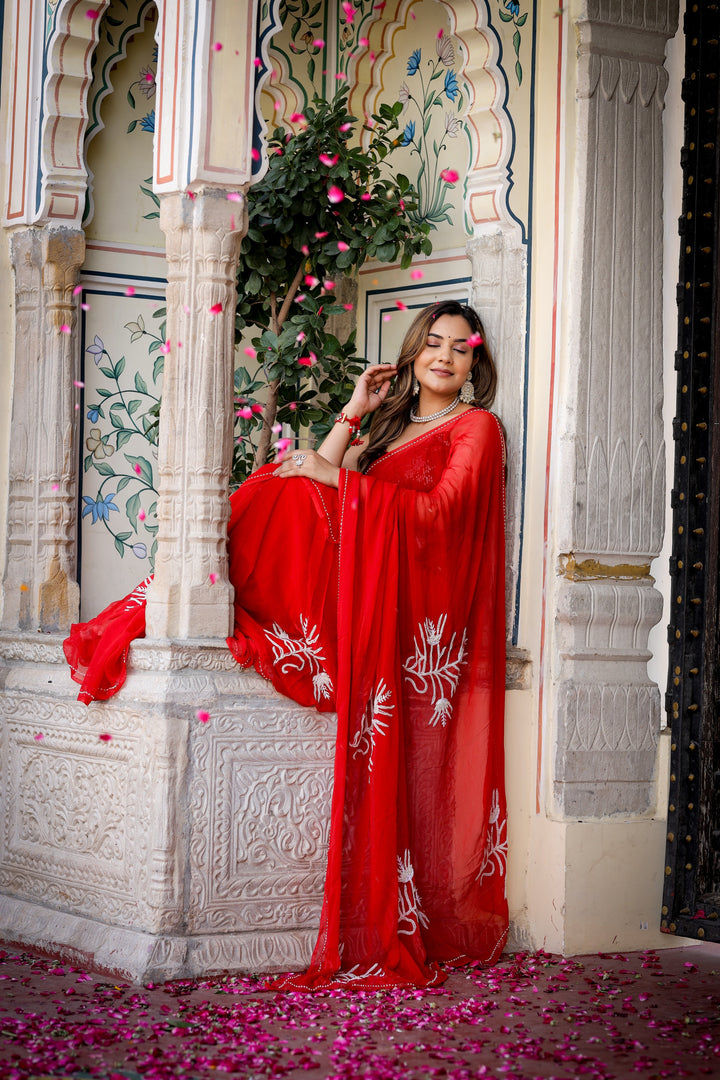 Vibrant Red Chiffon Saree with Pink Floral Print | Lightweight Designer Saree with Blouse Piece