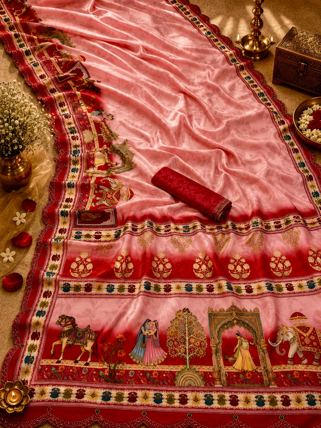 Blush Pink Modal Silk Royal Heritage Printed Saree with Swarovski Scalloped Border & Blouse Piece