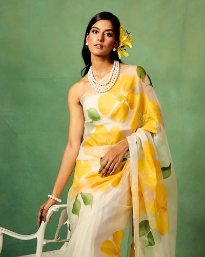 White Pure Organza Saree with Hand-Painted Oversized Yellow Floral Motifs & Sequin Accents | Satin Blouse
