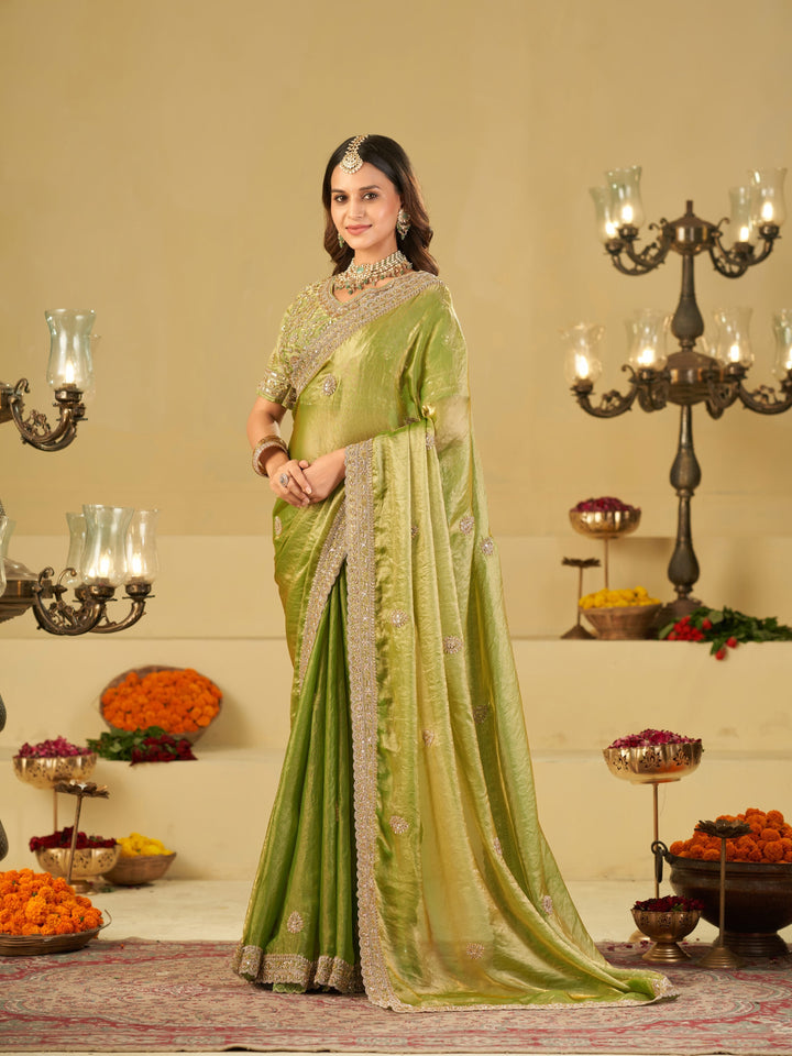 Pista Green Designer Fendy Satin Saree with Heavy Embroidered Blouse & Sequin Border | Premium Wedding Party Wear Saree