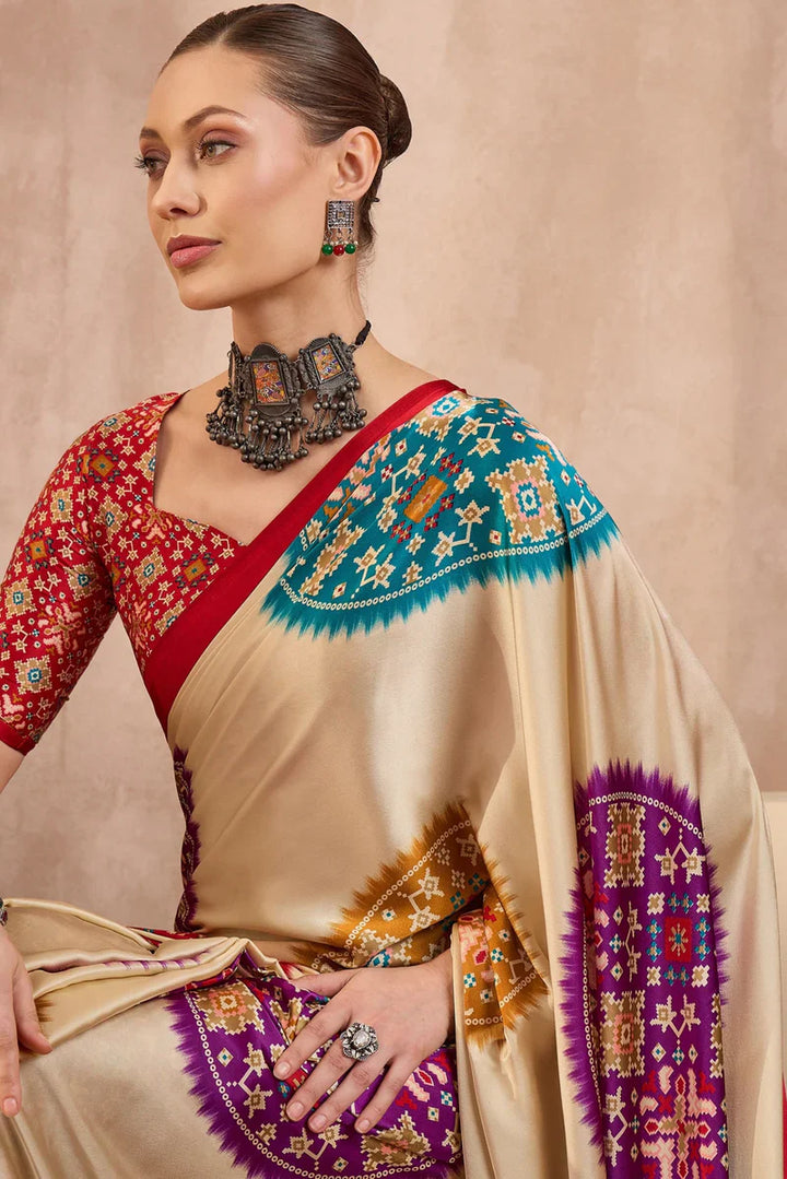 Cream Modal Silk Saree with Multicolor Patola-Inspired Print & Ruby Red Border | Designer Festive Wear Saree
