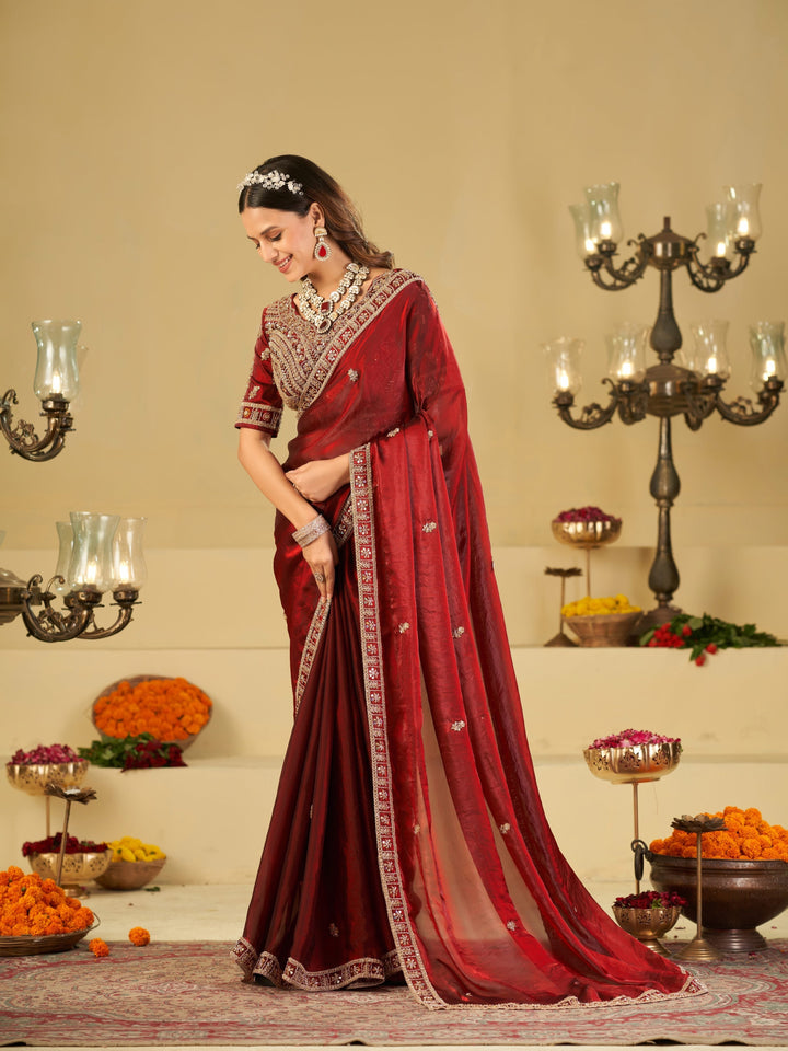 Wine Red Designer Fendy Satin Saree with Heavy Embroidered Blouse & Zari Border | Premium Wedding & Festive Wear Saree