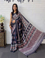 Black Modal Silk Saree with Elephant Motif Ajrakh Print & Heritage Designer Pallu | Traditional Festive Wear Saree