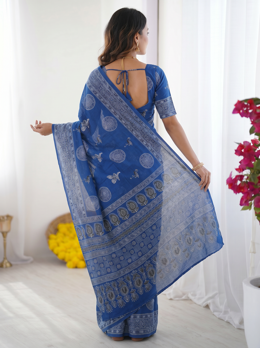 Royal Blue Modal Silk Saree with Paisley & Circular Motif Print | Designer Heritage Pallu Saree for Festive Wear