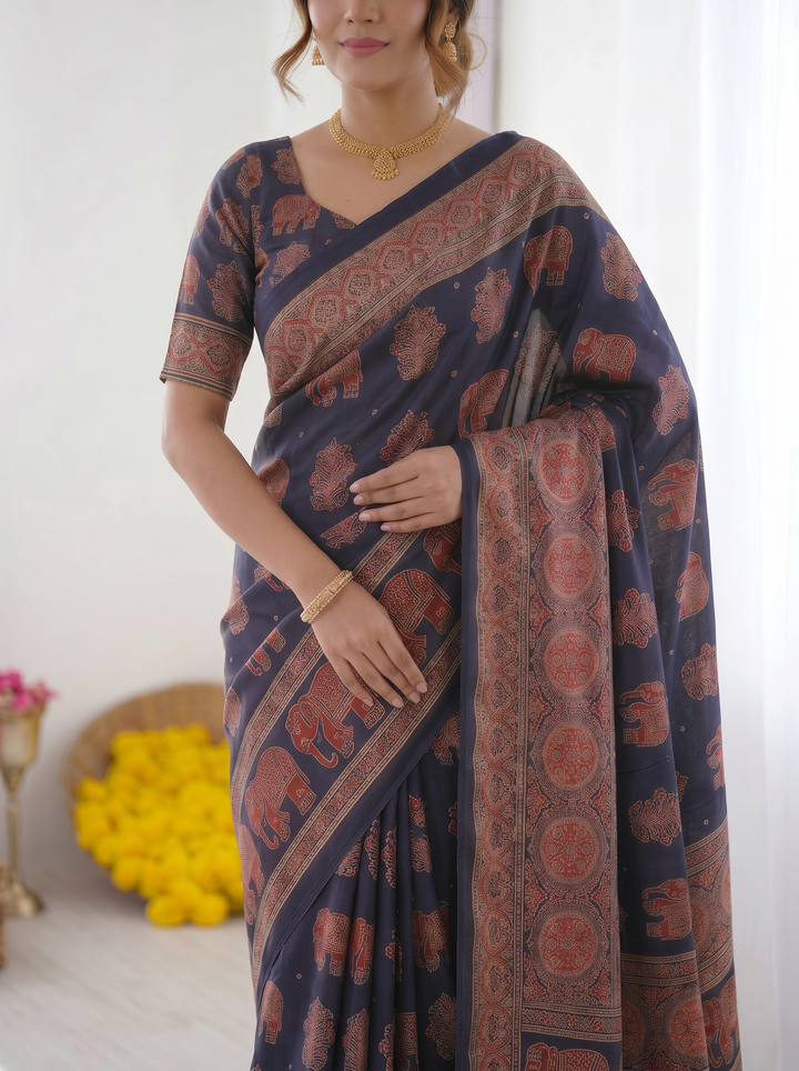 Navy Blue Modal Silk Saree with Elephant Motif Ajrakh Print & Heritage Designer Pallu | Traditional Festive Wear Saree