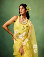 Lemon Yellow Pure Organza Saree with Hand-Painted White Floral Motifs & Sequin Detailing | Modal Satin Blouse
