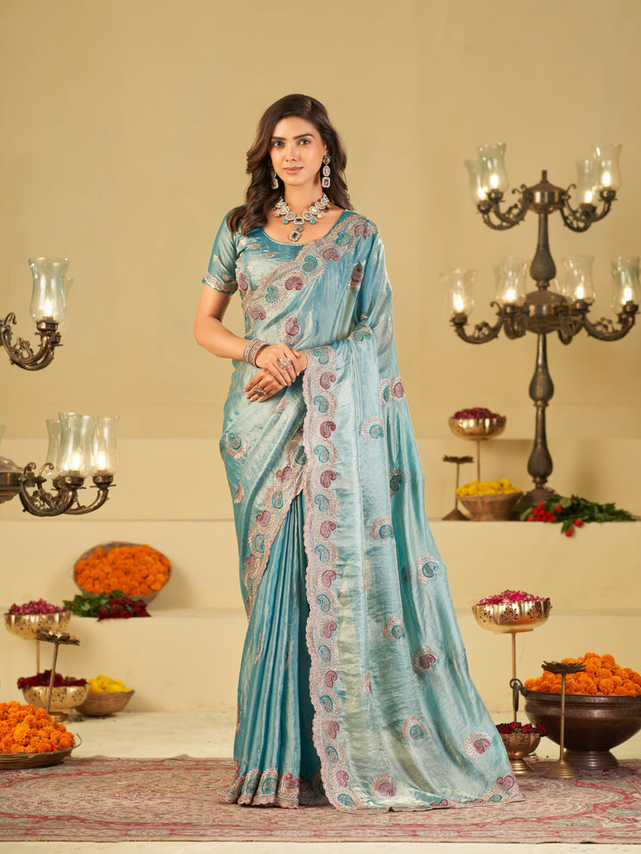 Sky Blue Designer Fendy Satin Saree with Paisley Embroidery & Heavy Embroidered Border | Premium Festive Party Wear Saree