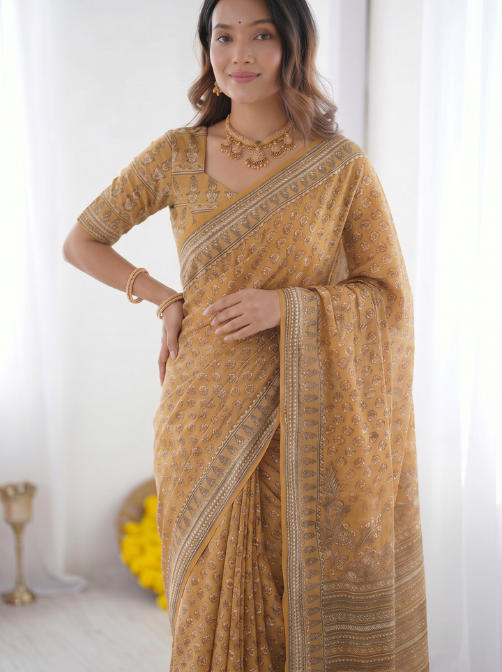 Ajrakh Chinnon Printed Saree with Tassel Detailing & Attached Blouse (No Mirror Work)