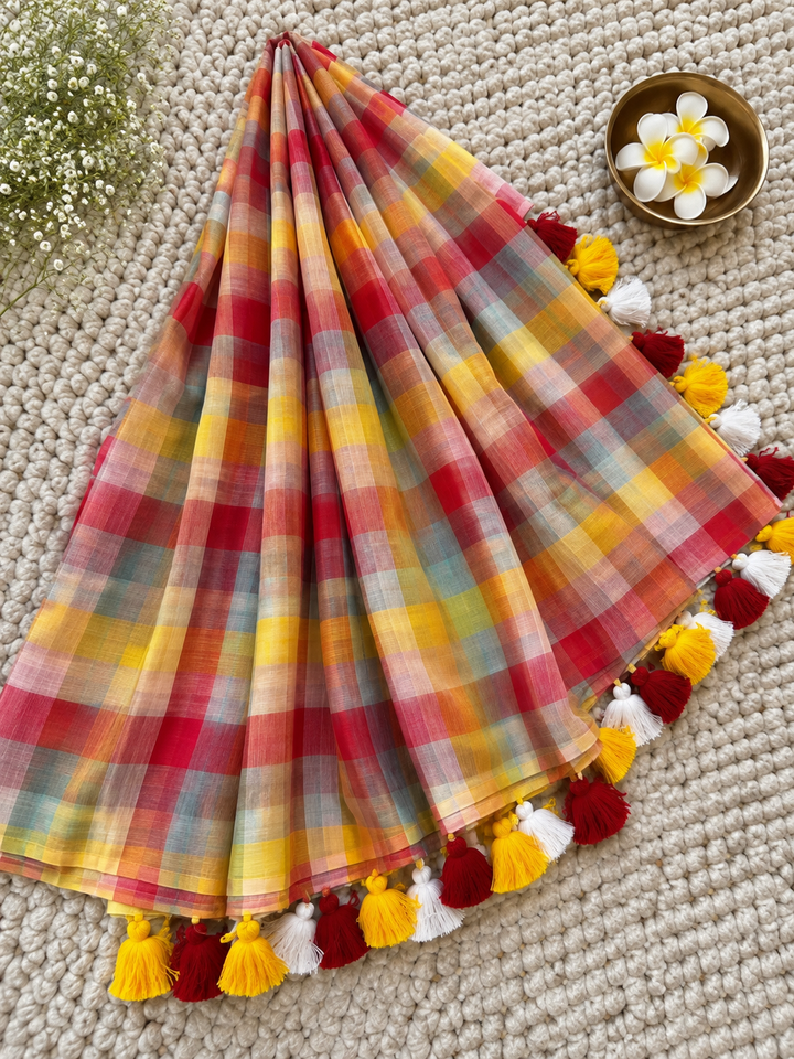 Red & Yellow Multicolour Madras Checkered Mul Cotton Saree with Tassels & Attached Blouse Piece