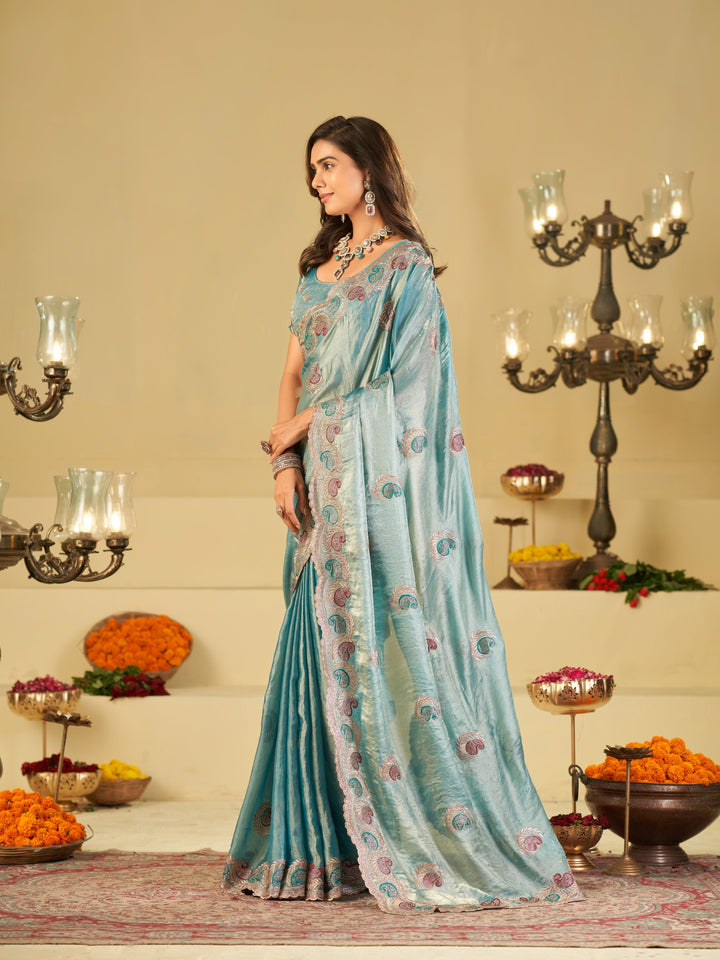 Sky Blue Designer Fendy Satin Saree with Paisley Embroidery & Heavy Embroidered Border | Premium Festive Party Wear Saree