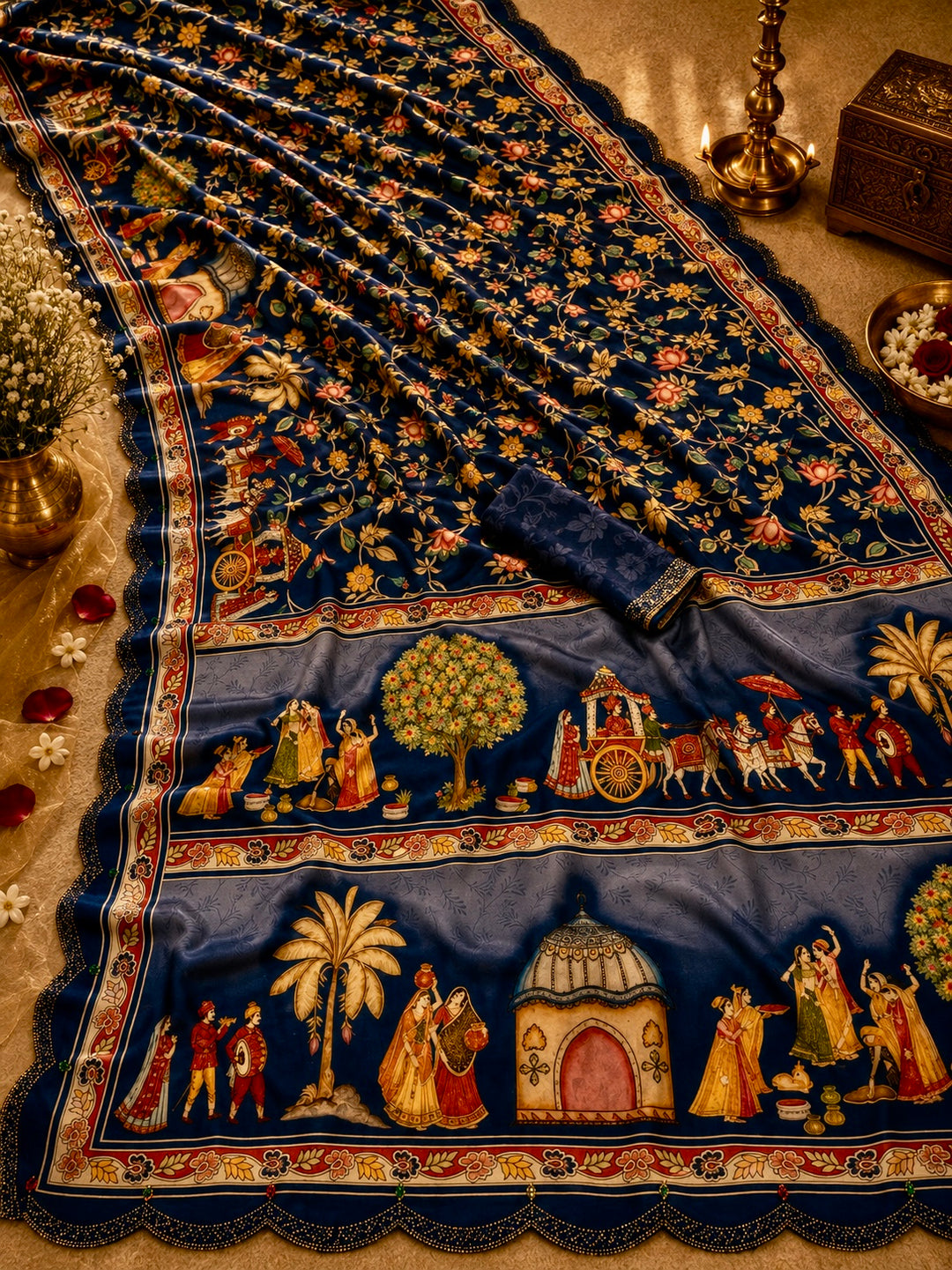 Royal Navy Blue Modal Silk Floral & Heritage Procession Printed Saree with Swarovski Scalloped Border & Blouse Piece
