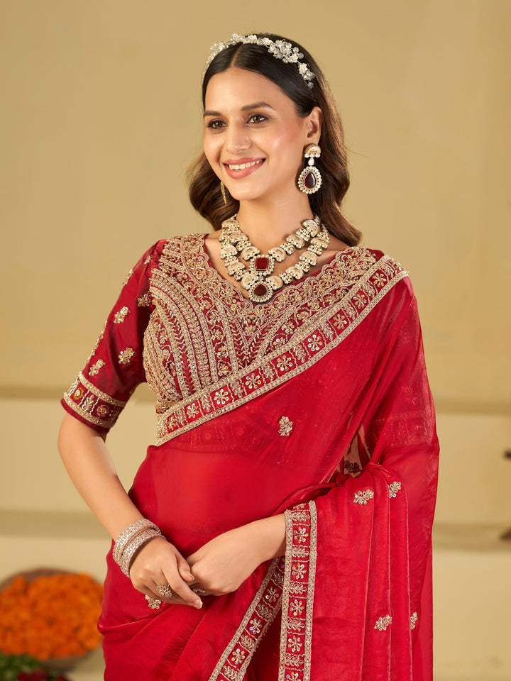 Ruby Red Designer Fendy Satin Saree with Heavy Embroidered Blouse & Zari Border | Premium Wedding & Festive Wear Saree