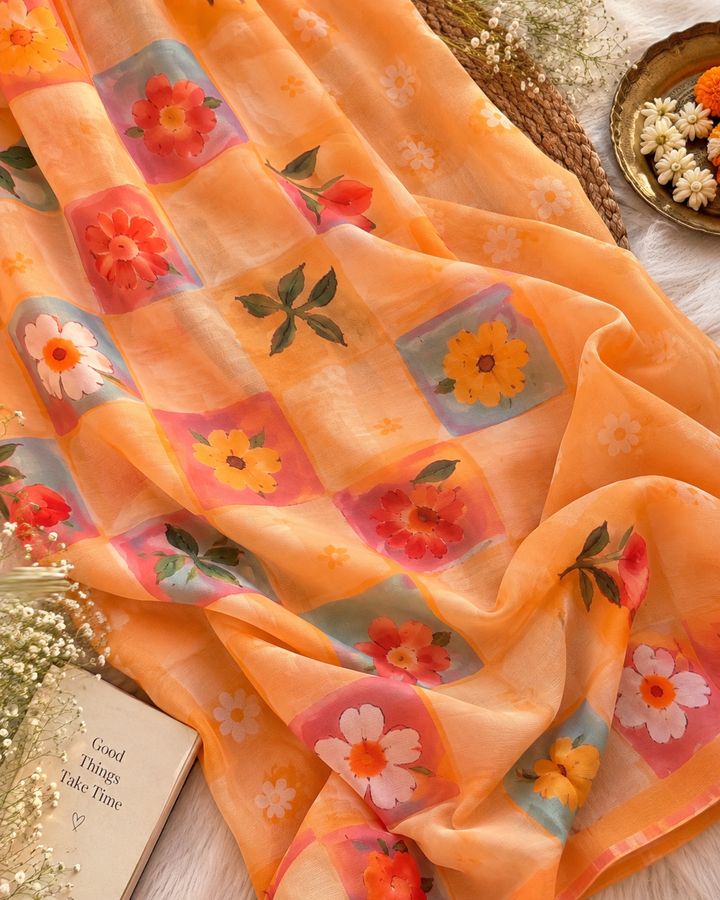 Peach Orange Chinnon Saree with Multicolour Floral Check Print & Attached Blouse Piece