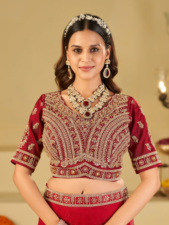 Ruby Red Designer Fendy Satin Saree with Heavy Embroidered Blouse & Zari Border | Premium Wedding & Festive Wear Saree
