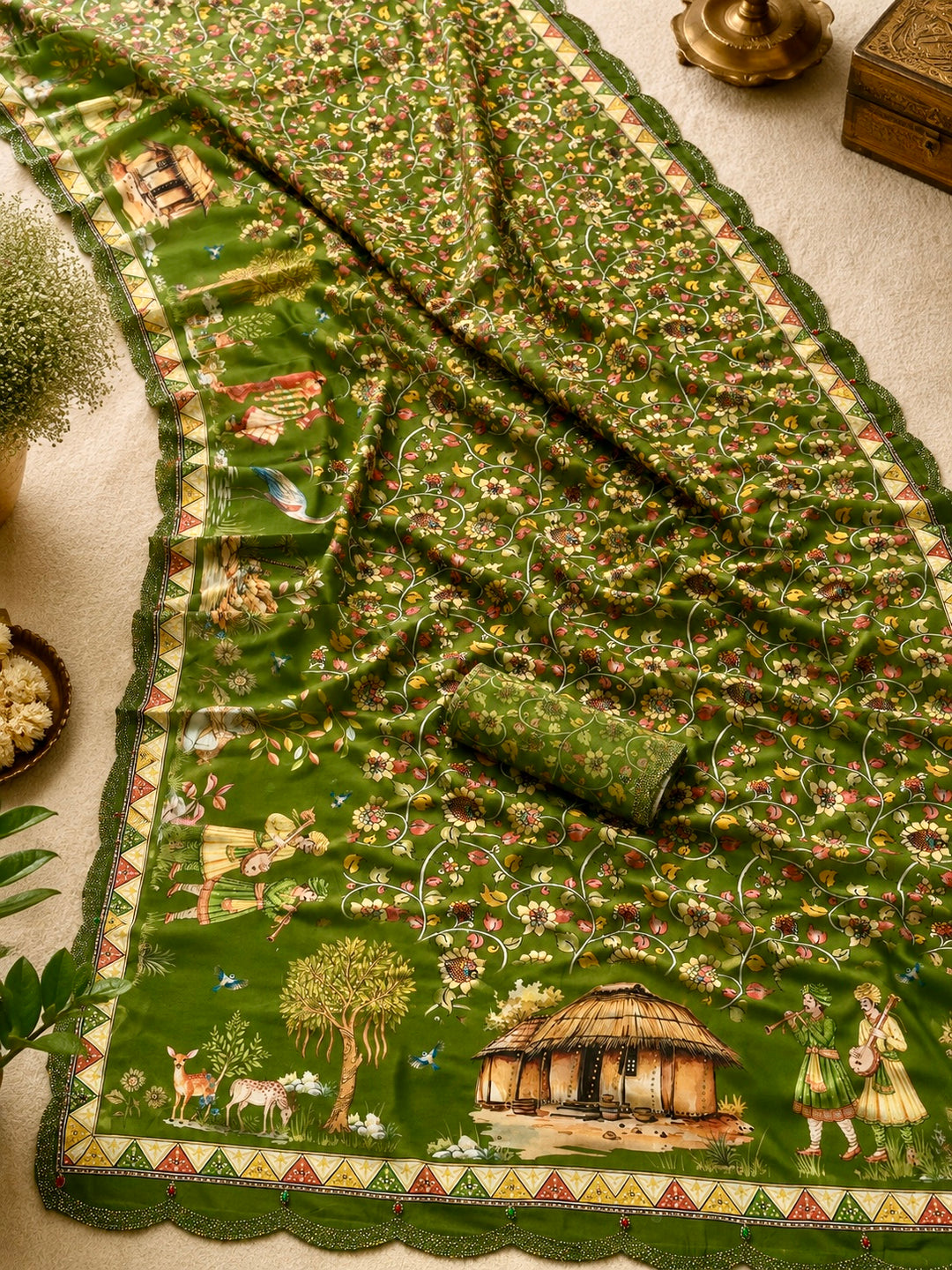 Mehendi Green Modal Silk Saree with Floral Jaal Print, Village Heritage Pallu & Scalloped Embellished Border