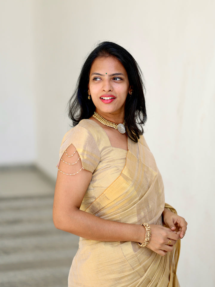 Royal Gold Kasavu Saree with Shimmer Zari Weave, Statement Pallu & Tassels on Edges, Comes With Attached Blouse Piece