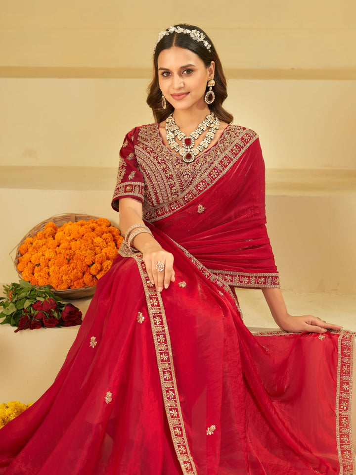 Ruby Red Designer Fendy Satin Saree with Heavy Embroidered Blouse & Zari Border | Premium Wedding & Festive Wear Saree