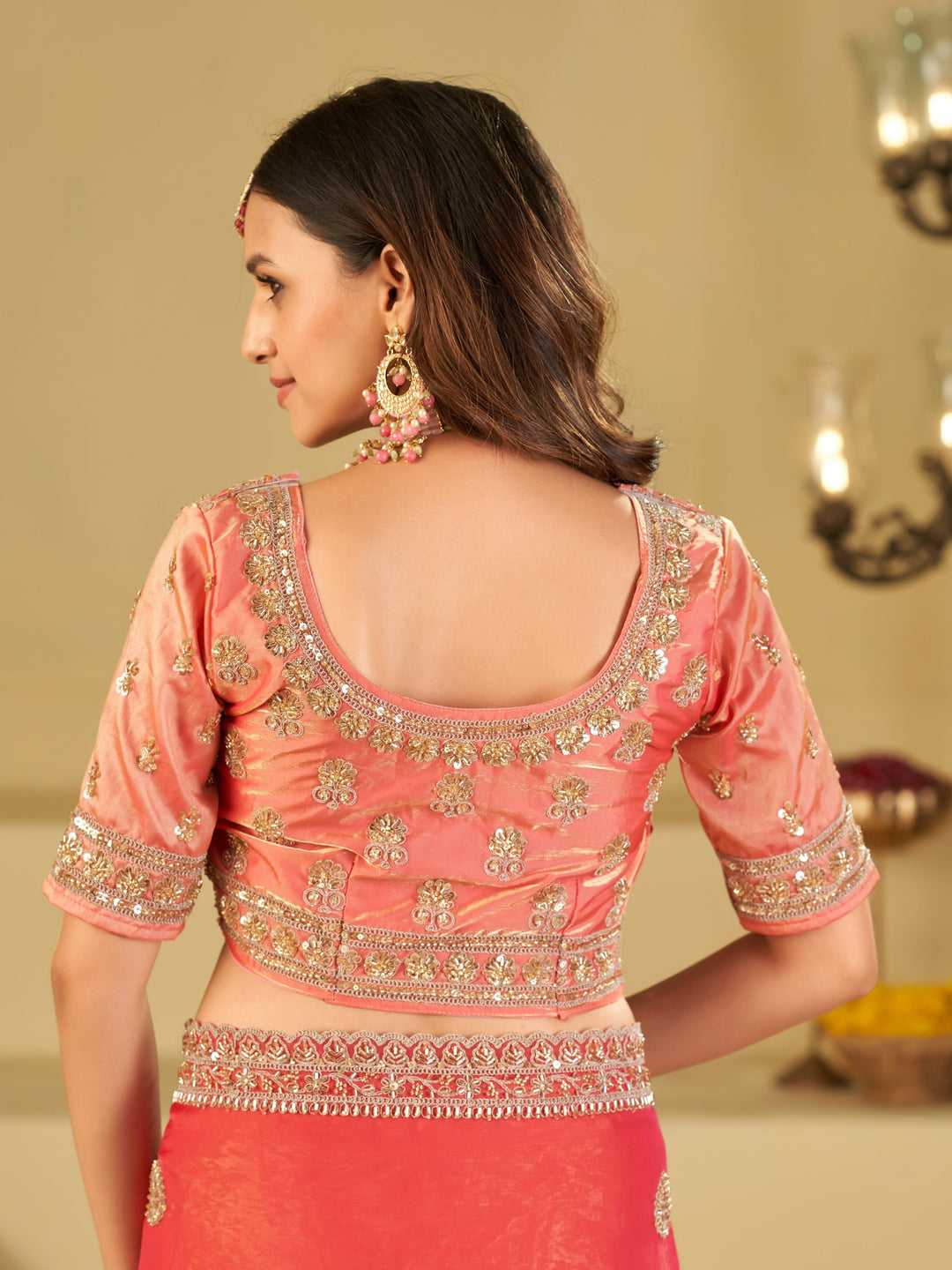 Coral Pink Designer Fendy Satin Saree with Heavy Embroidered Blouse & Sequin Border | Premium Wedding Party Wear Saree