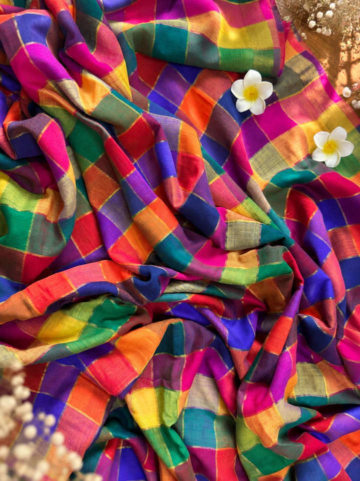 Vibrant Multicolour Madras Checkered Mul Cotton Saree with Tassels & Attached Blouse Piece