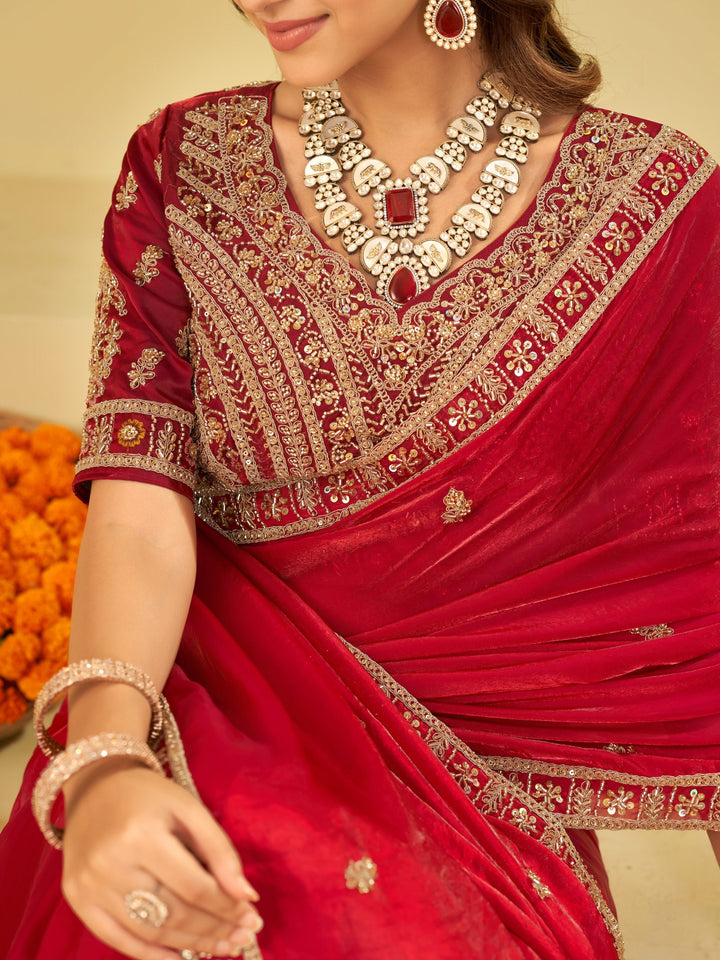 Ruby Red Designer Fendy Satin Saree with Heavy Embroidered Blouse & Zari Border | Premium Wedding & Festive Wear Saree