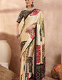 Ivory Cream Modal Silk Saree with Patola-Inspired Multicolor Print & Black Designer Pallu | Festive & Traditional Wear Saree