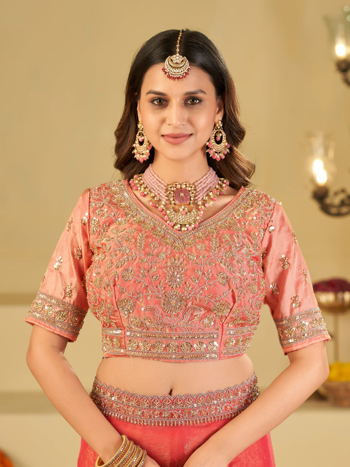 Coral Pink Designer Fendy Satin Saree with Heavy Embroidered Blouse & Sequin Border | Premium Wedding Party Wear Saree
