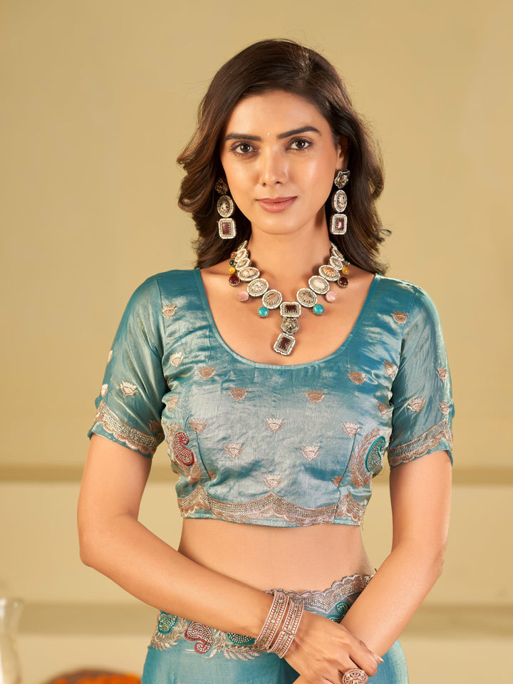Sky Blue Designer Fendy Satin Saree with Paisley Embroidery & Heavy Embroidered Border | Premium Festive Party Wear Saree