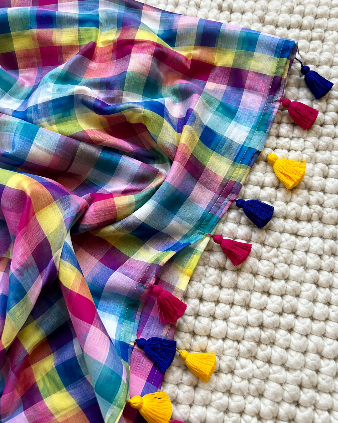 Multicolour Madras Checkered Mul Cotton Saree with Colourful Tassels & Attached Blouse Piece
